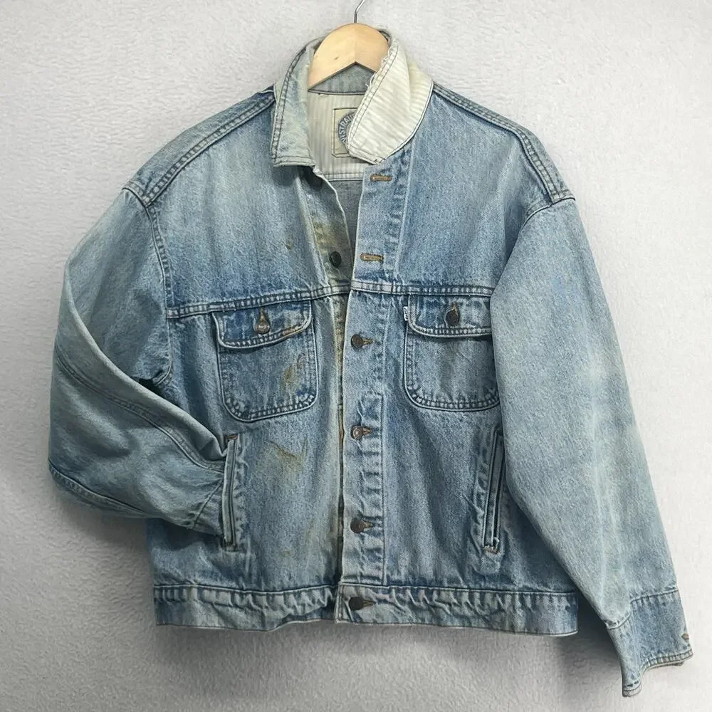 LEVIS Jacket Mens L White Tab Vented Denim Trucker 1987 80s Red Batwing USA VTG